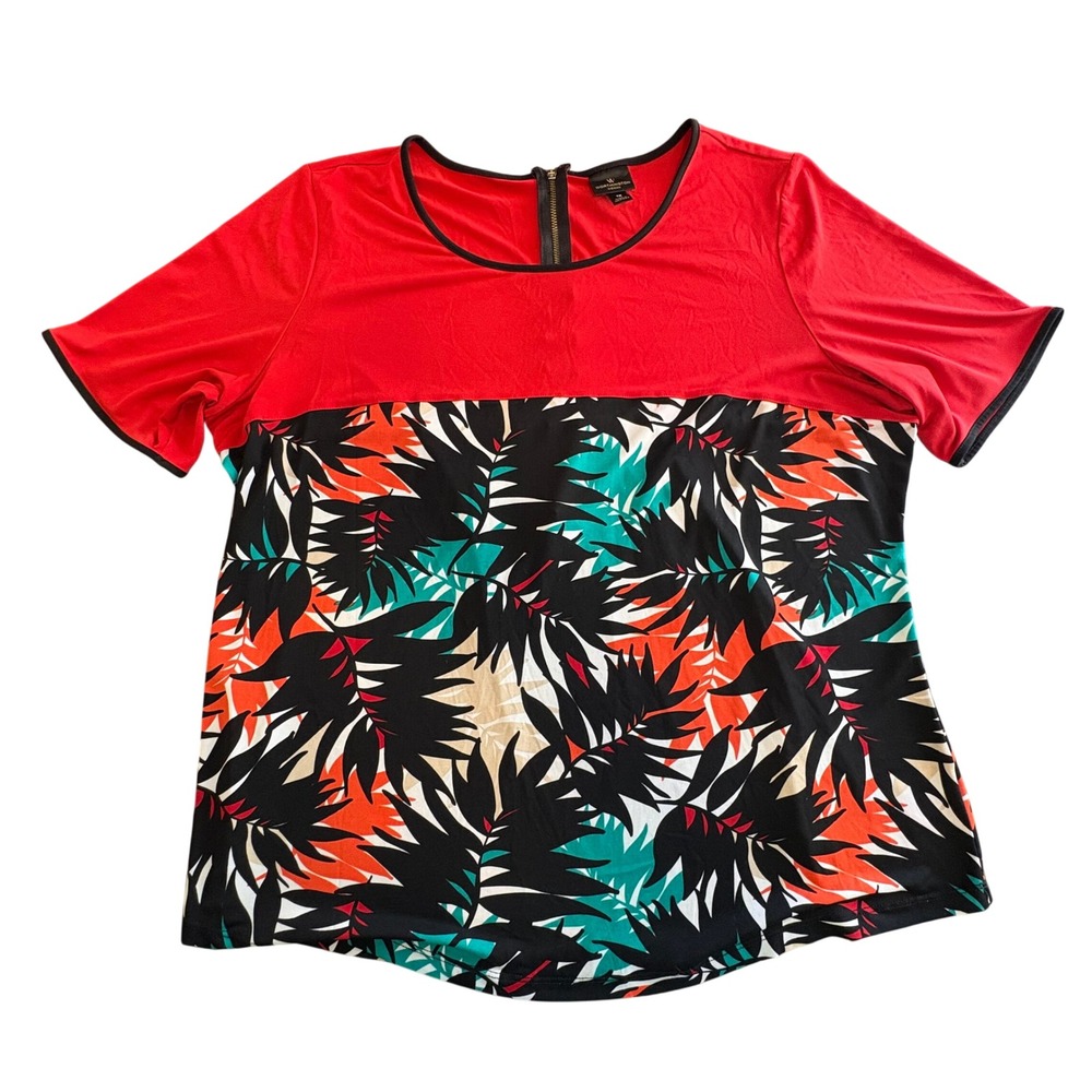 Worthington Woman Knit Top Womens 1X Red Tropical Palm Print Excellent Zipper